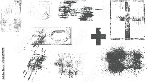 Assorted grunge and distressed including splatters, textures, shapes, and symbols for creative projects