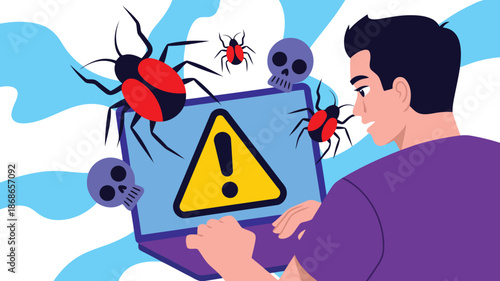Young man actively working on a laptop experiencing a severe virus and data security problem