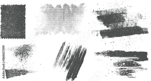 Collection of six distressed grunge textures and abstract with rough edges and varied dot patterns