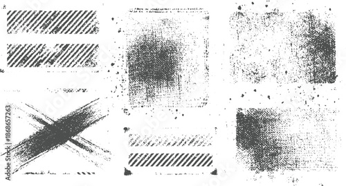 Seven abstract grunge textures featuring stripes, an X shape, and speckled patterns for diverse and distressed background uses