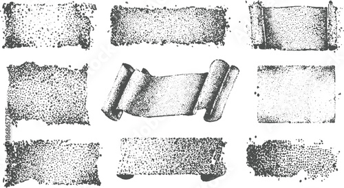 Collection of nine vintage textured banners and scrolls rendered in a stippled dot style with torn edges and subtle shading creating a distressed antique feel