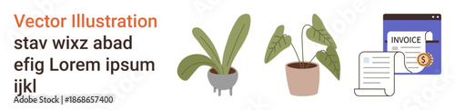 Office decor, small plants, business management, invoicing, billing, workspace organization. Decorative potted plants alongside invoice and document icons. Office decor and business management