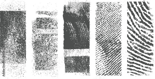 Diverse collection of five distinct fingerprint and textured stripe in grayscale, showcasing unique patterns and granular details for applications