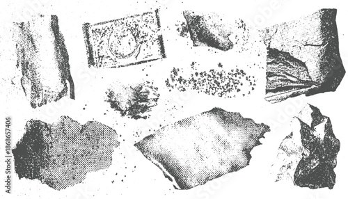 Assortment of eight rough textured natural stone fragments and abstract granular shapes in grayscale, offering organic and distressed visual for creative projects