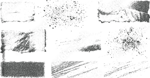 Collection of nine diverse abstract textured including splatters, brush strokes, and granular surfaces in grayscale, artistic backgrounds