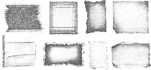 Group of eight varied distressed rectangular and square frames with torn edges and granular textures in grayscale, vintage or grunge overlays