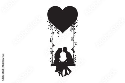 Romantic silhouette of a couple on a swing under a large heart, symbolizing everlasting love Vector