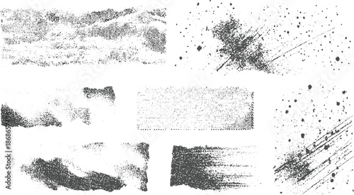 Ensemble of seven abstract textured including torn paper edges, splatters, and brush strokes in grayscale, offering dynamic and distressed visual effects