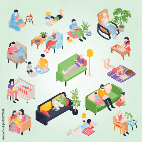 Isometric reading book people set with isolated icons of interior elements with human characters and books vector illustration