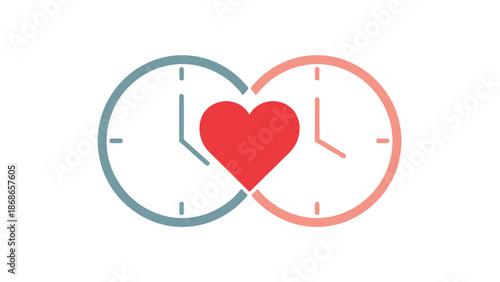 Two Clocks Intertwined with a Red Heart Symbol, Generative AI.