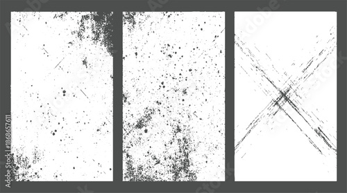 Set of three abstract grunge background textures with scattered dots, scratches, and distressed linear patterns in monochrome for projects