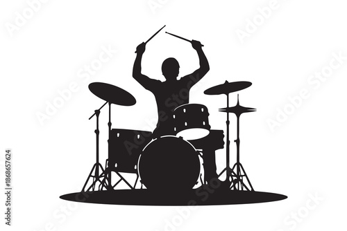 Energetic drummer silhouette performing on a full drum kit with drumsticks raised Vector