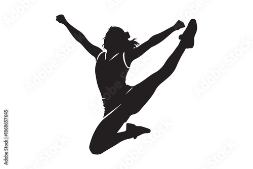 Dynamic silhouette of an athletic woman performing an energetic jump with arms raised Vector