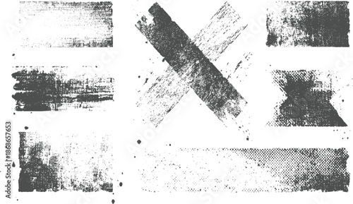 Collection of abstract grunge banners and textured brush strokes with splatters and halftone dots, offering a versatile distressed resource