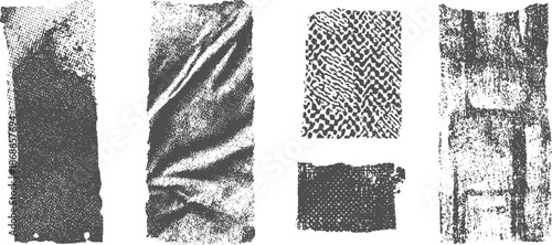 Assortment of five unique grunge textures featuring ripped edges and abstract dot patterns in grayscale, adding a vintage or distressed feel to