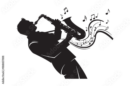 A captivating silhouette of a musician passionately playing the saxophone with notes flowing Vector
