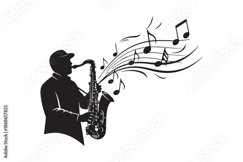 A soulful silhouette of a musician playing saxophone with flowing musical notes Vector