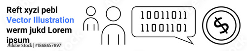 Data exchange, digital economy, communication, coding, financial concepts, interaction. Two human figures, binary code in a speech bubble and a currency symbol. Digital communication and financial