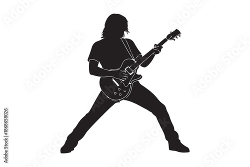 Energetic silhouette of a rock musician passionately playing an electric guitar Vector