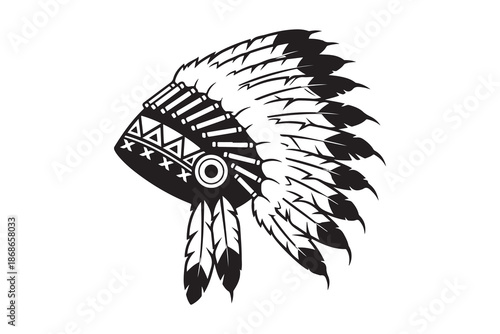 Traditional native american chief headdress with intricate feather design in classic black and white style Vector