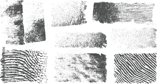 Collection of diverse abstract grunge textures featuring torn edges, linear patterns, and granular speckles in a monochromatic palette for versatile applications