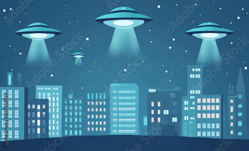 Futuristic city skyline at night with hovering UFOs illuminating the dark sky, showcasing an otherworldly atmosphere and intriguing extraterrestrial presence in urban environment. UFO Day