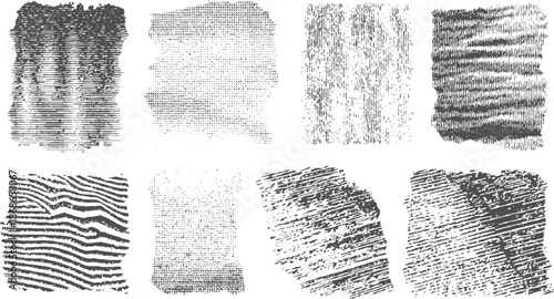 Group of abstract grunge textures featuring strong linear patterns, granular dots, and torn edges in a dark monochrome palette for impactful