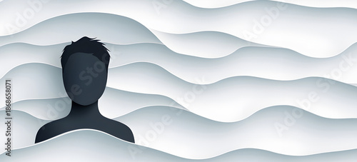 Silhouette man submerged in abstract waves,concept depression ,emotional overwhelm,mental health care awareness,drowning in thoughts and depression,copy space,need mental health care in modern world