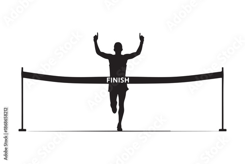 Victorious runner crossing the finish line in a race with arms raised in triumph Vector