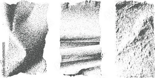 Abstract textured grunge backgrounds with torn edges and stippled patterns in dark gray and white tones creating a rough organic feel