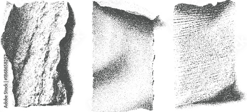 Three abstract stippled textures with torn edges showcasing granular patterns and varying shades of gray and white for a raw, organic aesthetic