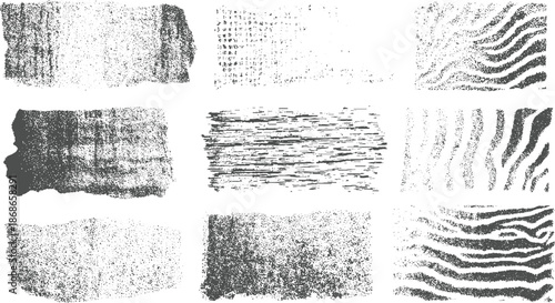 Nine abstract stippled and linear textures with torn edges and wavy patterns in monochrome gray and white creating diverse visual effects