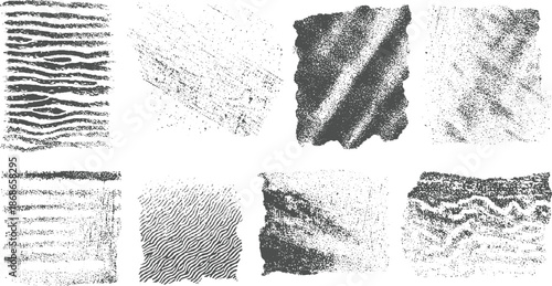 Collection of eight distressed grunge textures with horizontal and wavy linear patterns in dark gray on white background for abstract