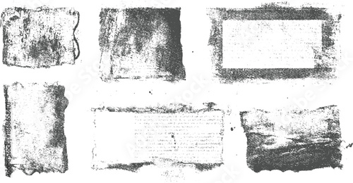 Collection of six distressed paper textures with ripped edges and subtle text fragments creating a vintage grunge aesthetic for backgrounds