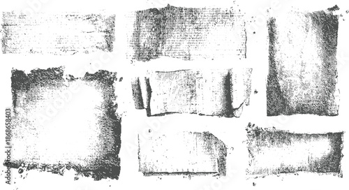 Seven abstract grunge textures with torn edges and subtle linear patterns in dark gray on white, distressed background