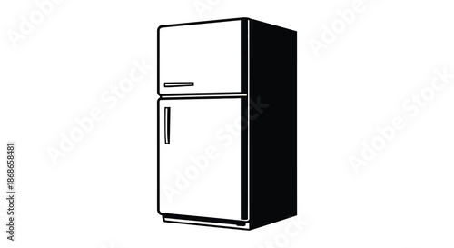 A striking black and white illustration of a modern refrigerator appliance a bold silhouette