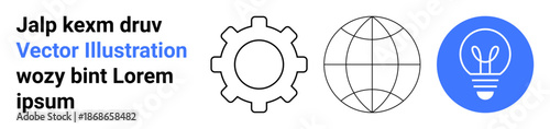 Innovation, global connectivity, technology, teamwork, problem-solving, digital strategy. A gear, globe and lightbulb displayed. Innovation and global connectivity concept