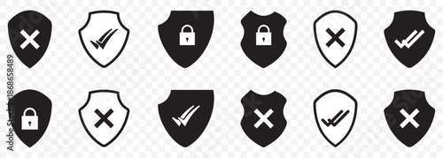 Graphic illustration of safety shield symbols with check mark and exclamation icons representing security and protection. Shield check mark icon . Protection secure lock vector sign. EPS 10.
