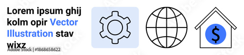 Gear icon for process, globe for global concepts, house with dollar sign for finance or investment. Ideal for business, technology, global trade, economy, finance, real estate simple landing page
