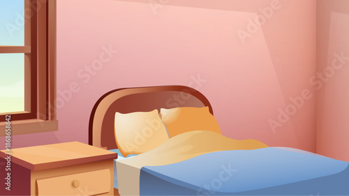 Cozy Cartoon Bedroom Interior with Bed and Nightstand Illustration
