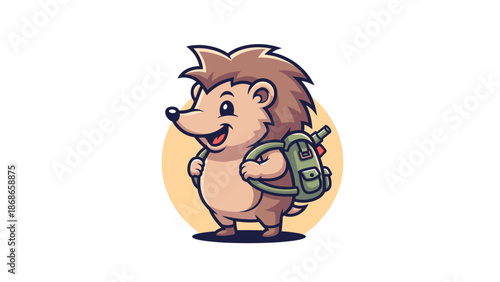 Cartoon hedgehog with backpack smiling and ready for adventure on white