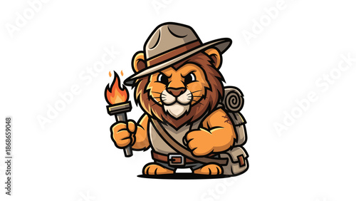 Cartoon lion explorer with torch and backpack on white background