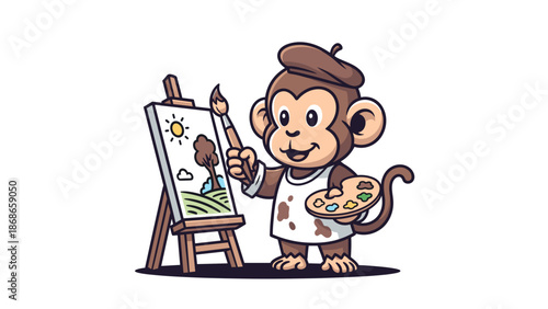 Cartoon monkey painting landscape art with brush and palette on easel