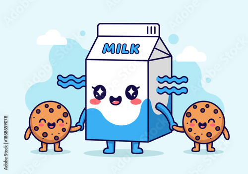 Cartoon milk carton and cookies illustration holding hands in cheerful style