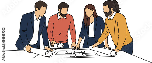 Team of professionals collaborating on blueprints at a table.