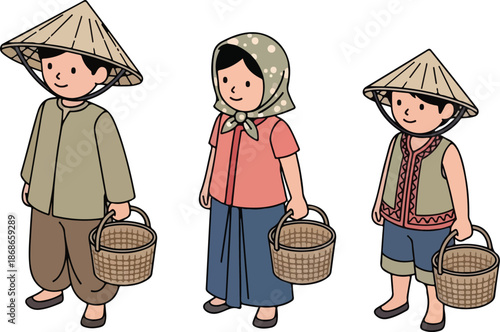 Three Farmers Carrying Baskets in Traditional Attire.