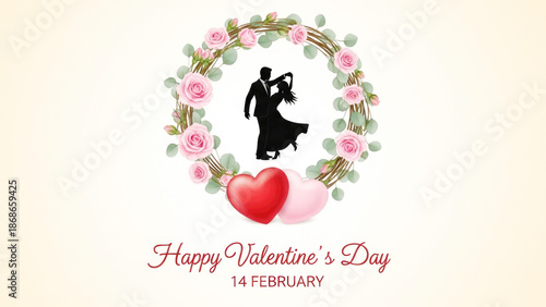 Romantic couple dancing within a floral wreath on valentine's day