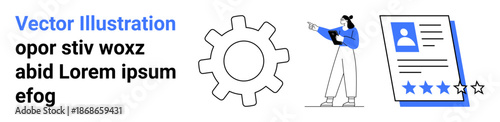 Abstract elements include a gear, a professional reviewing a document on a tablet, and a rated profile card. Ideal for HR, business, job search, recruitment, automation, analytics simple landing