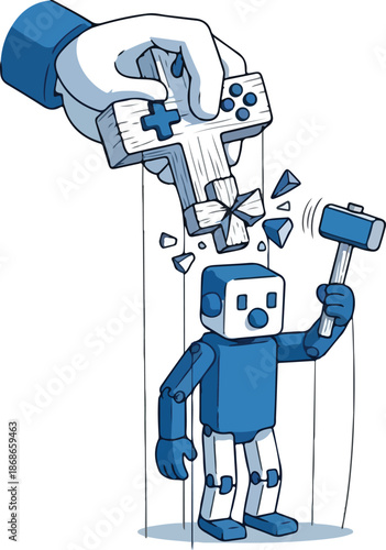 A robot puppet controlled by a broken crossshaped game controller.