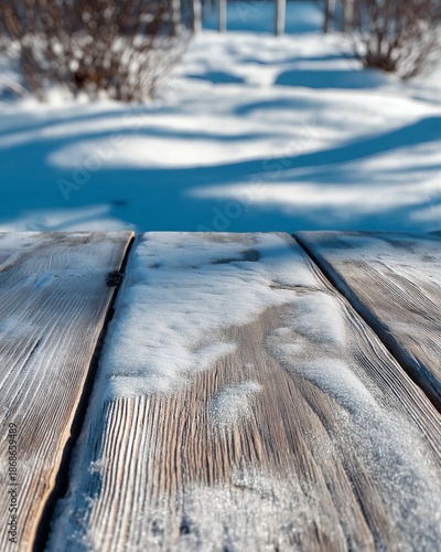 A snow dusted wooden surface captures winter's quiet beauty and grace.